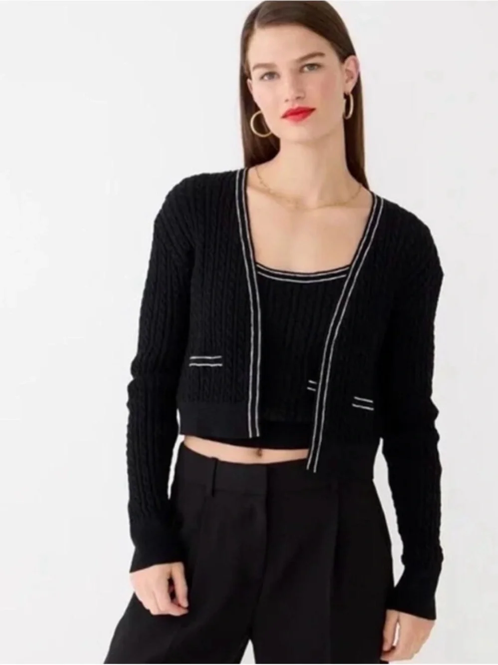 J. Crew Black Cable-Knit Cropped Cardigan and Tank Set with White Trim